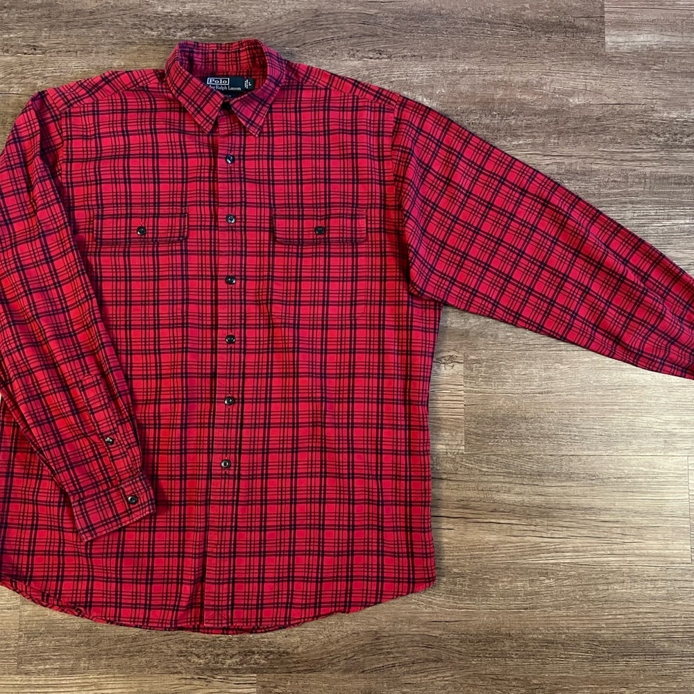 VTG Polo Ralph Lauren Cotton Whitfield Flannel Shirt Red Plaid Men Sz Large‎ C21